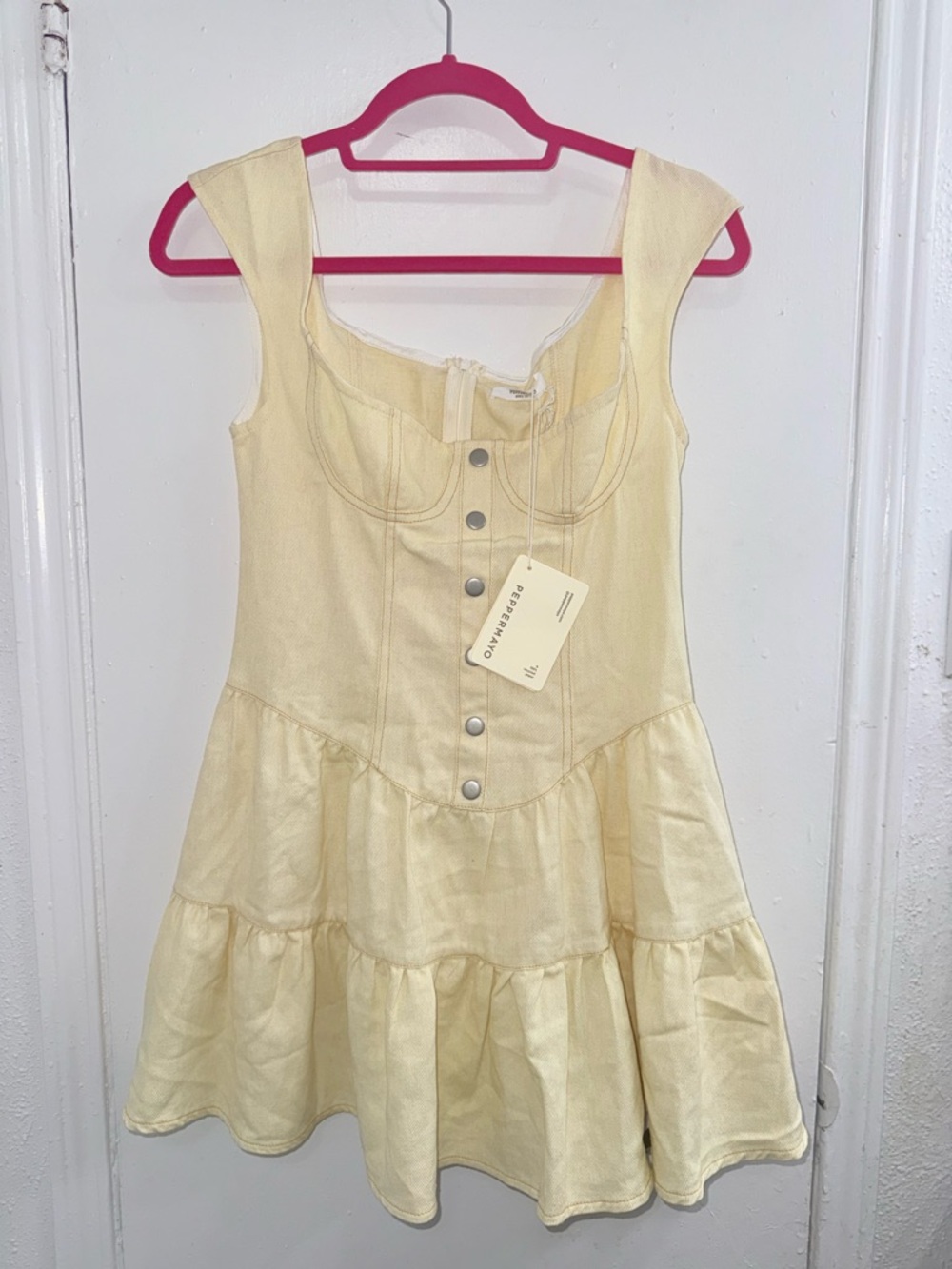 Peppermayo Cream Tiered Mini Dress with Button Front - Picture 6 of 12